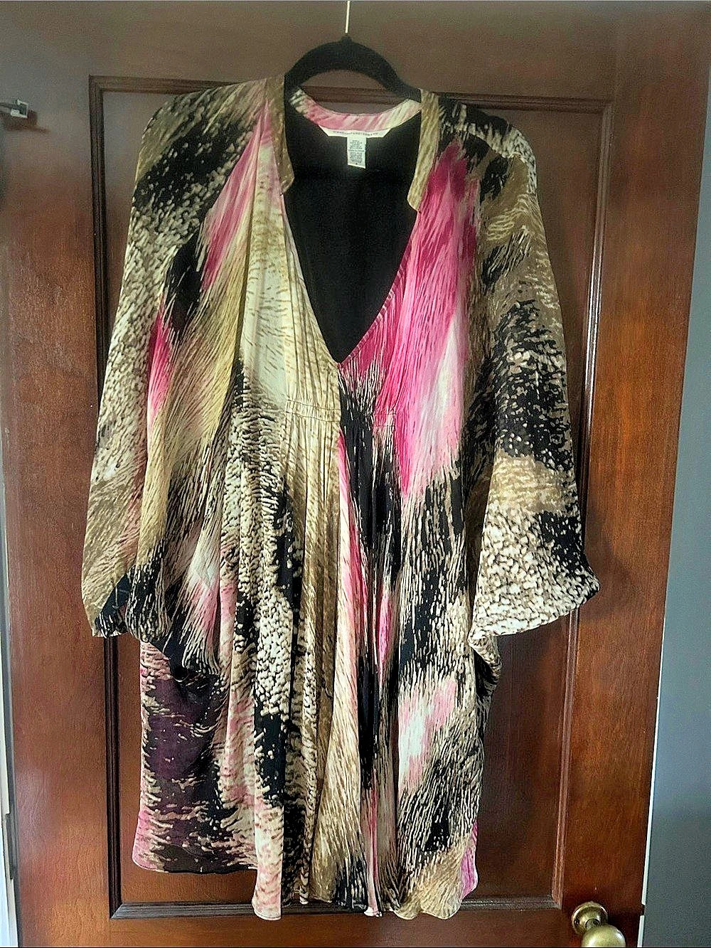 Diane von Furstenberg Fleurette Silk Chiffon Kaftan Dress Pink & Black Size 6